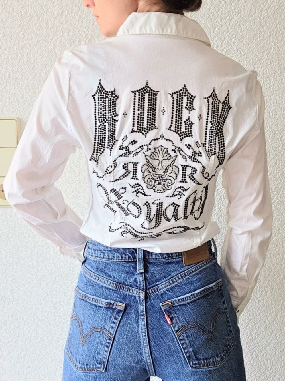 Bejeweled by Susan Fixel White Button Down Blouse with Rockstar Rhinestone - XS
